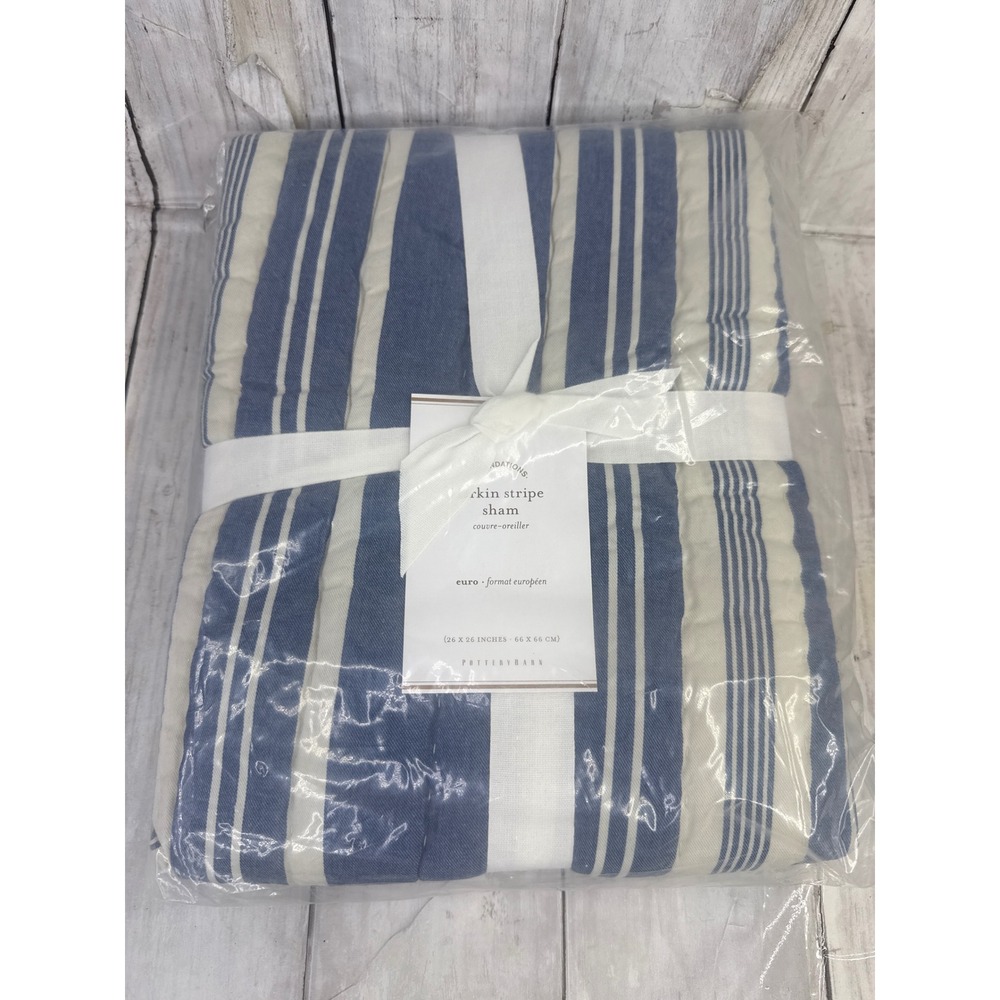 Pottery Barn Foundations Larkin Stripe Euro Sham Blue White Set of 4 26x26 NEW